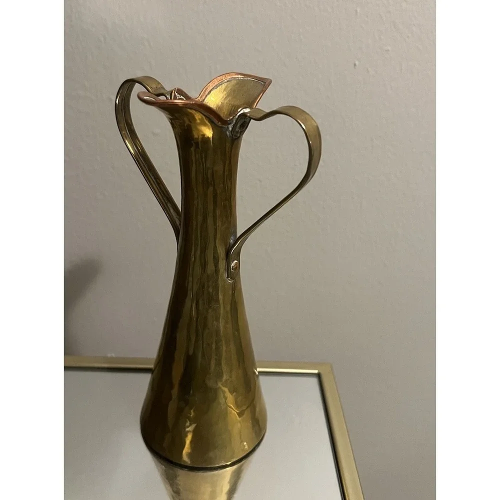 Vintage Russian Brass‎ Pitcher Vase Hammered Mid Century Modern Handmade